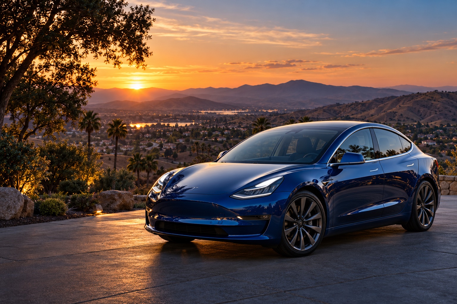 Illustrative blue sedan overlooking Southern California hills at sunset
